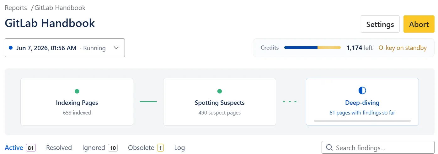 A WikiFix scan in progress: indexing pages, spotting suspect pages, and deep-diving, with findings streaming into the report.